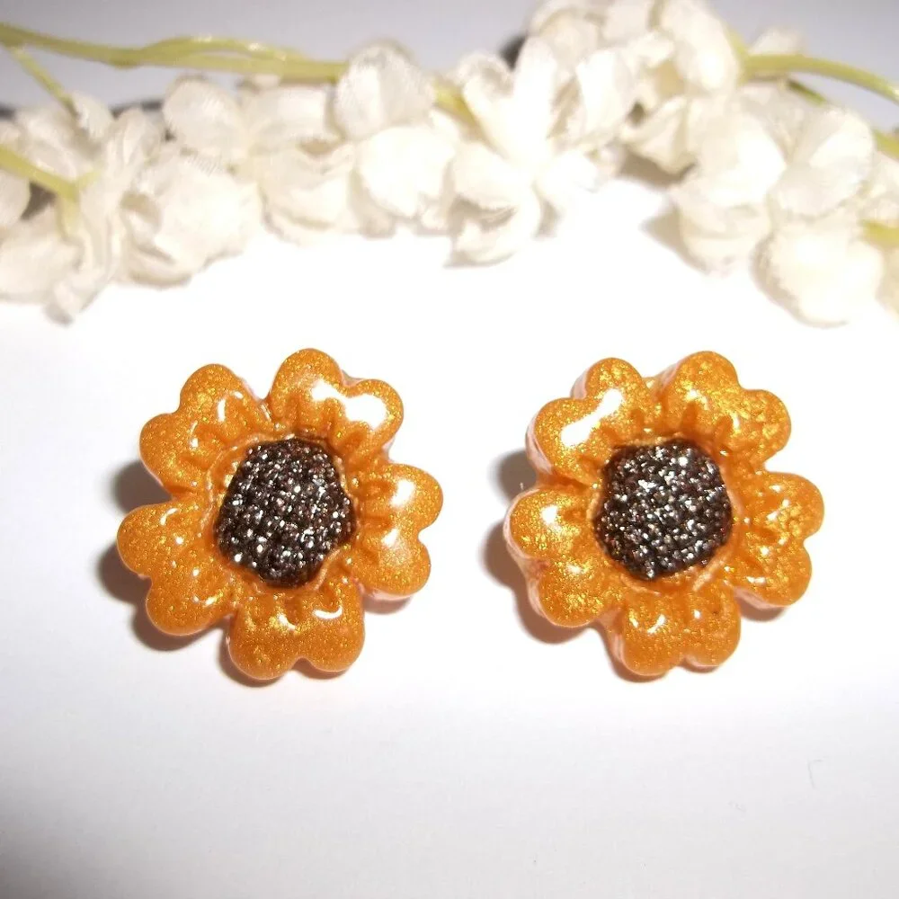 Sunflower Earrings Set Post Stud Woman Girl Yellow Brown Fall Autumn Flower D005